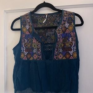 Free People Lohri Teal Embroidered Boho Sleeveless Crop Top-XS